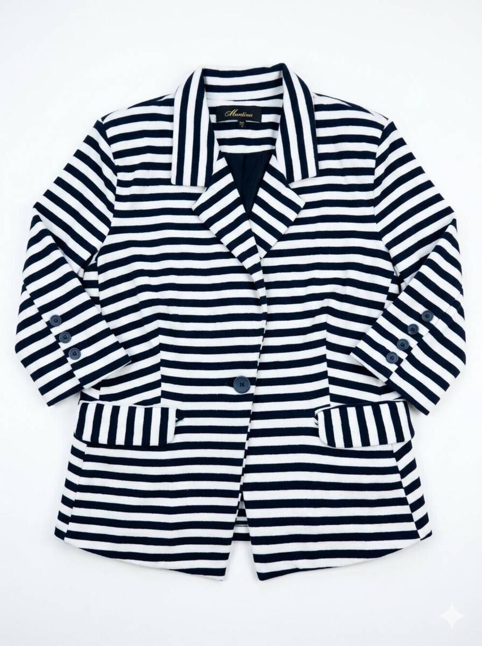 🍑Monteau Blue Striped Single Buttoned 3/4 Sleeve Blazer Large